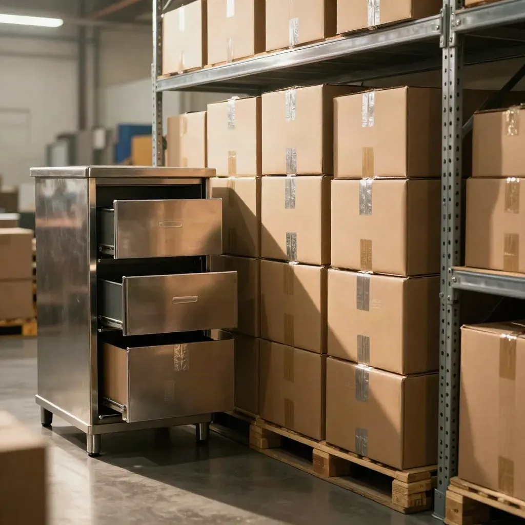 Outbound cartons in a stockroom with an open cash drawer and warm late-afternoon light.