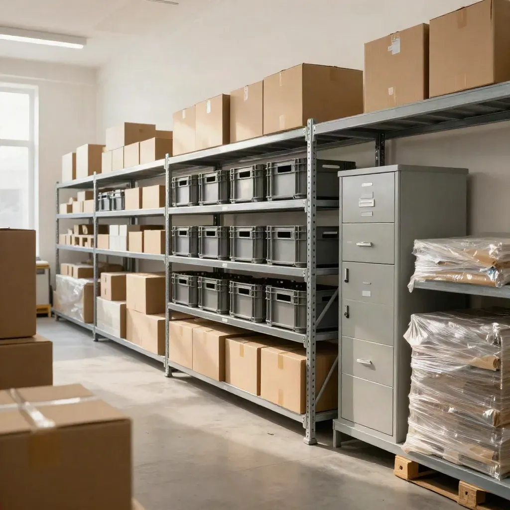 Replenished retail stockroom with crates, shelving and lockers in warm side light