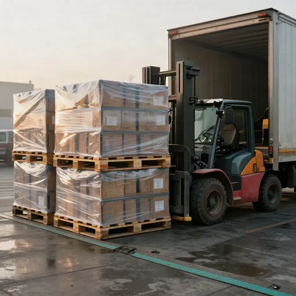 Warehouse dock with palletised stock, fork truck, and a truck ready to ship.