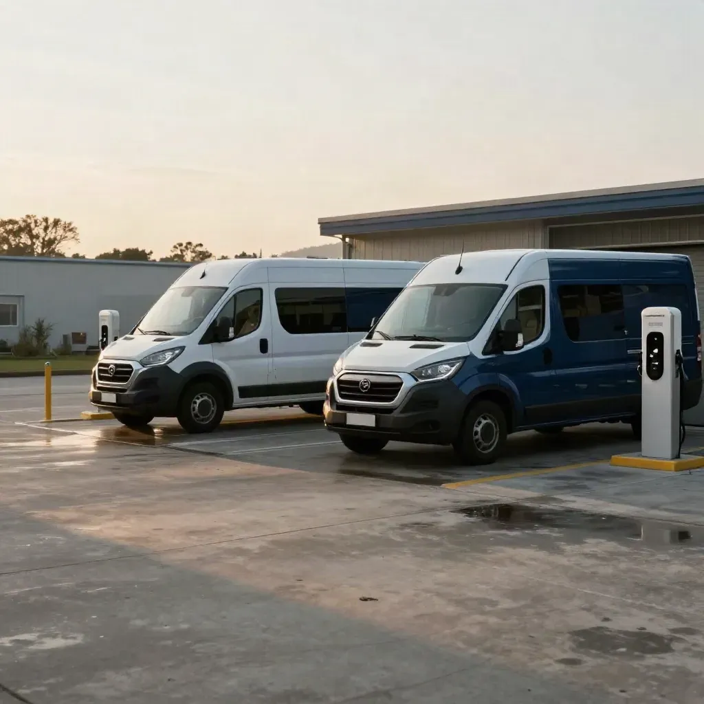 Two care-group vans at a depot beside charging points, storage cages and a wet concrete apron.