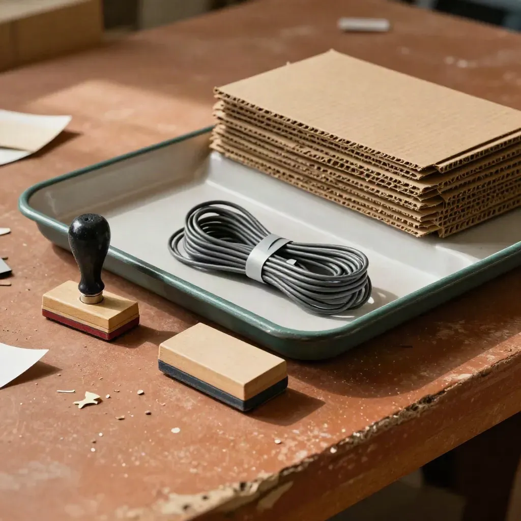 Dispatch tray with stamp block, cable ties and cardboard corners on a packing bench in soft daylight.