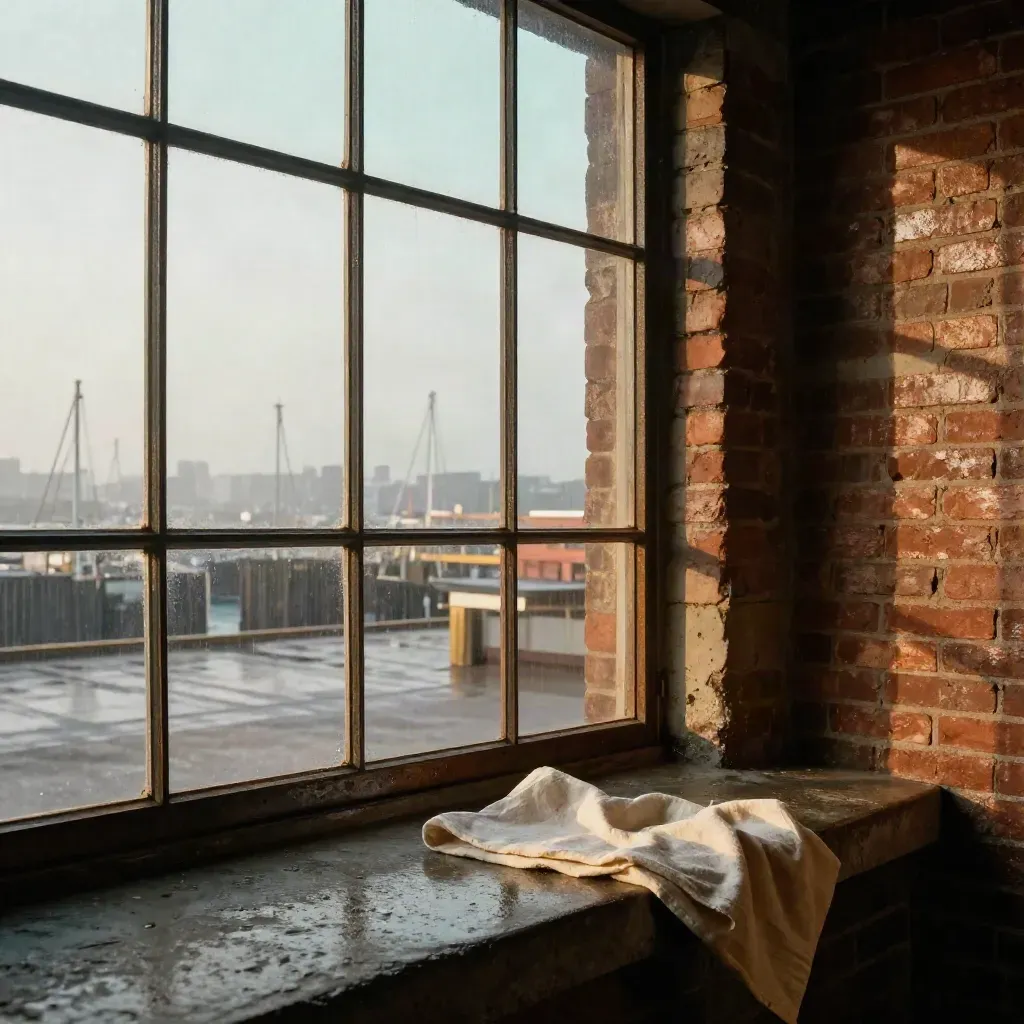 Rain-hazed warehouse window view to dockside skyline, warm light on wet brick and steel.